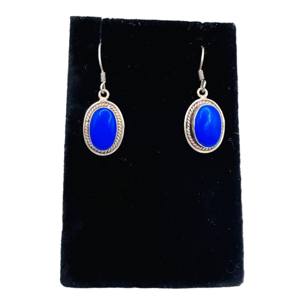 Lapis Lazuli Vintage Earrings 925 Mexico Silver Artisan Crafted .75” X